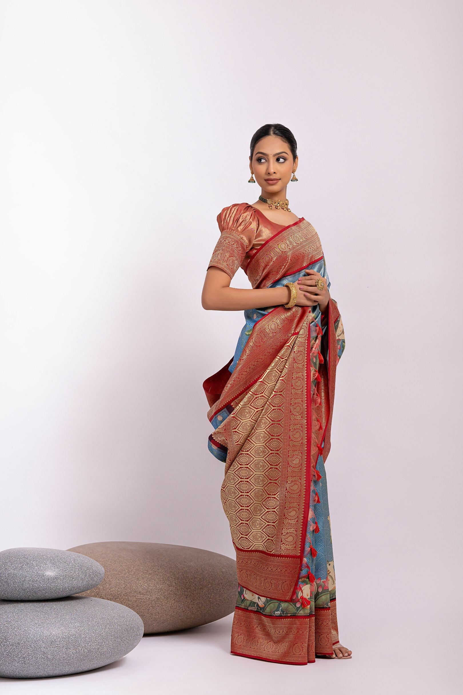 Vishnu Weaves Women's Firozi Tissue Silk Zari Woven Saree with Blouse - Swadesiicart