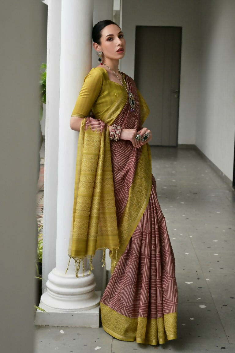 Vishnu Weaves Women's Pista Soft Tussar Silk Printed Saree with Blouse - Swadesiicart