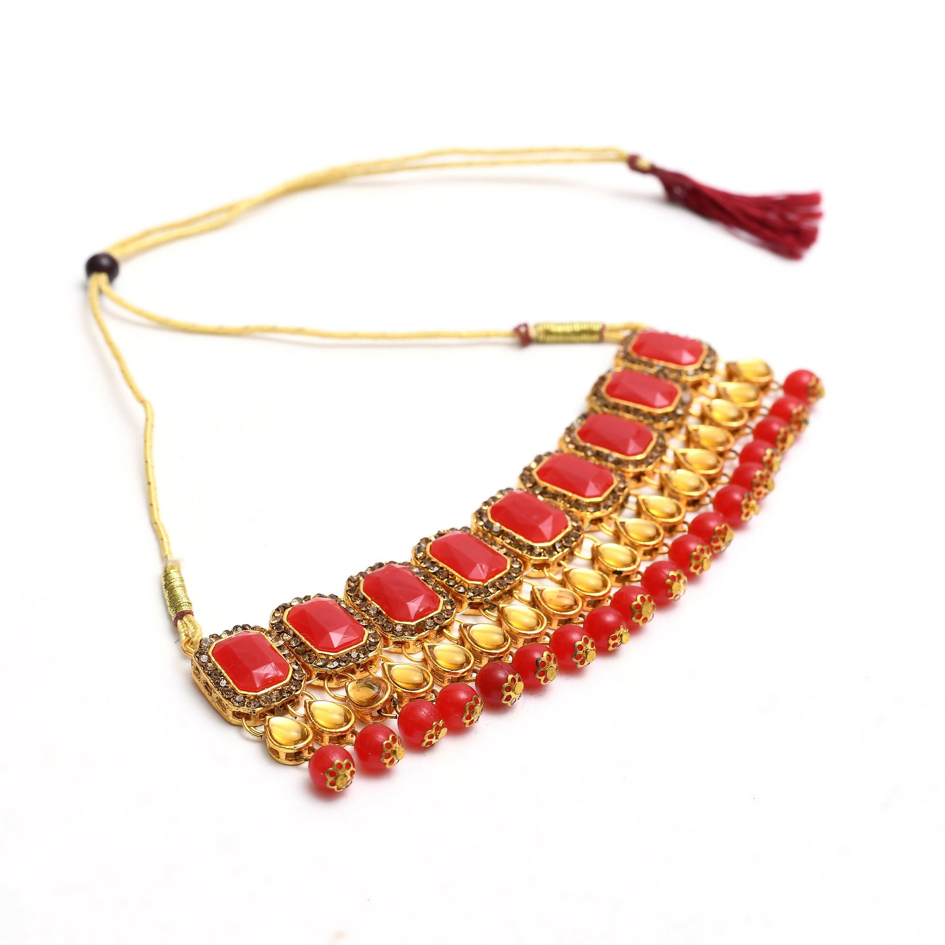 Mominos Fashion Johar Kamal Gold-Polished Brass Finish Kundan/Pearls Choker For Women (Red) | Swadesiicart