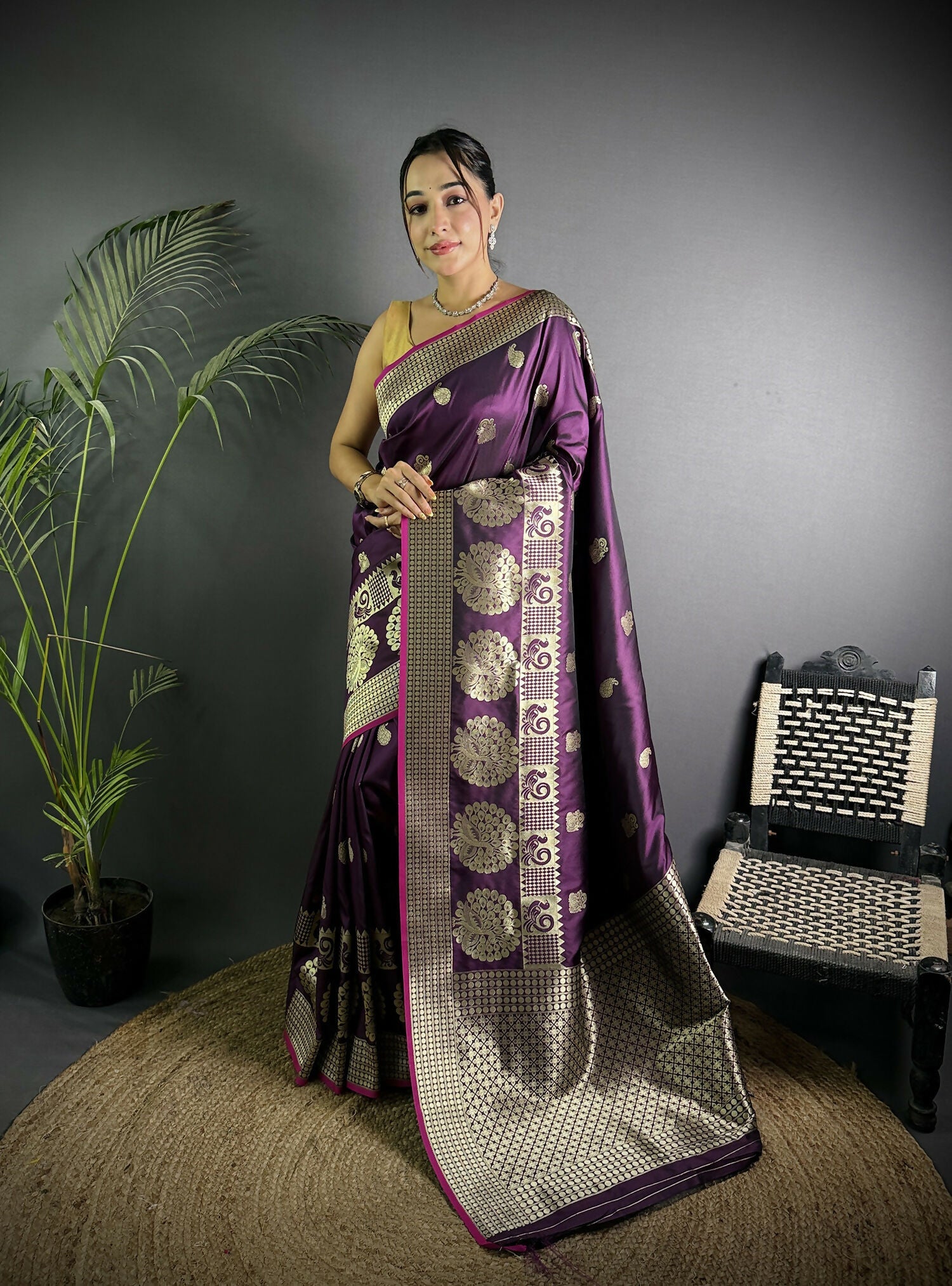 Joban Fashion Wine Banarasi Soft Lichi Silk Paisley Saree | Swadesiicart