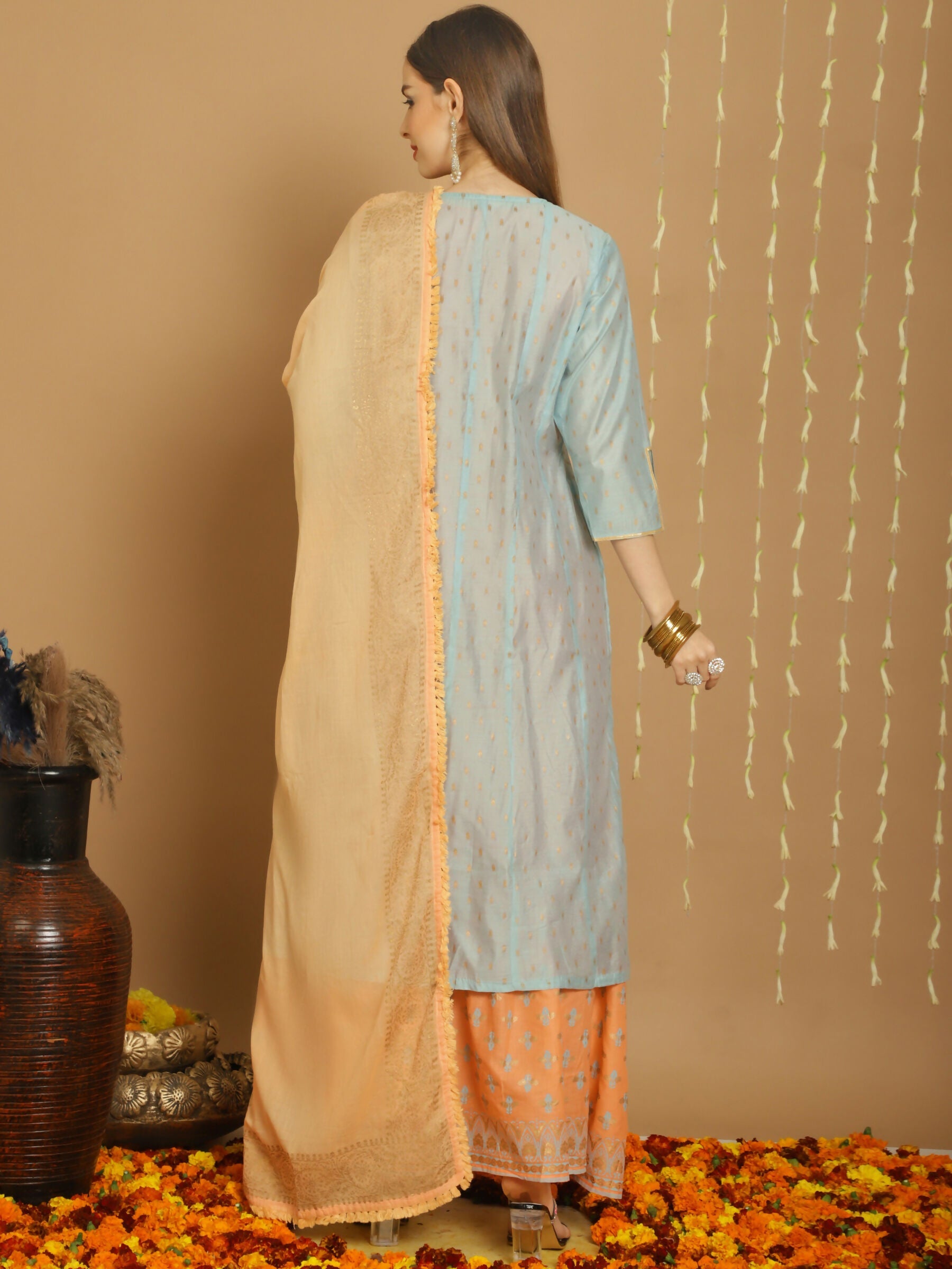 Jyoti Fashion Women's Turquoise Chanderi Silk Elegant Jardoshi Kurta with Trouser & Dupatta | Swadesiicart