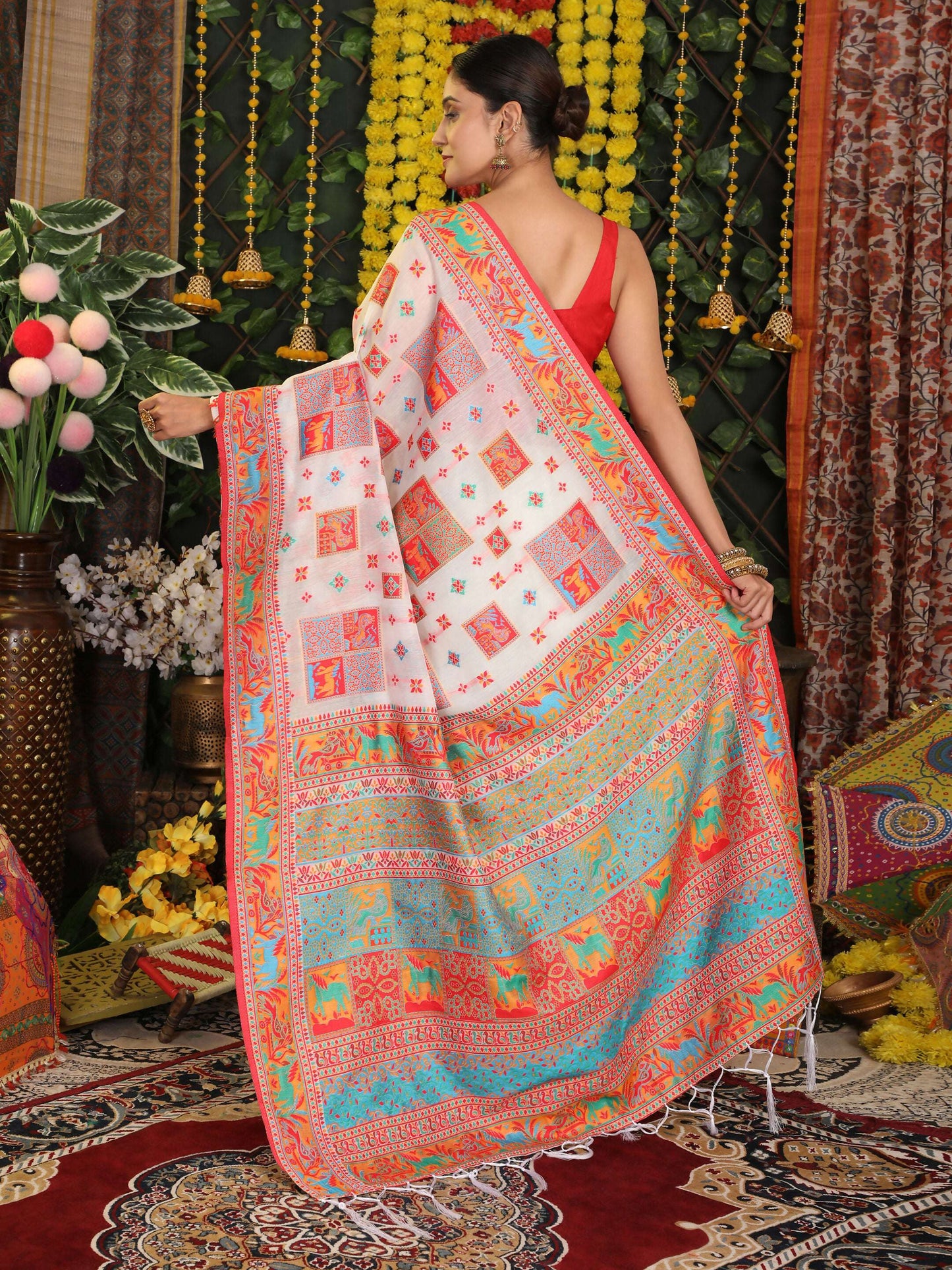 Shree Shyam Fashion Linen Cotton White Saree