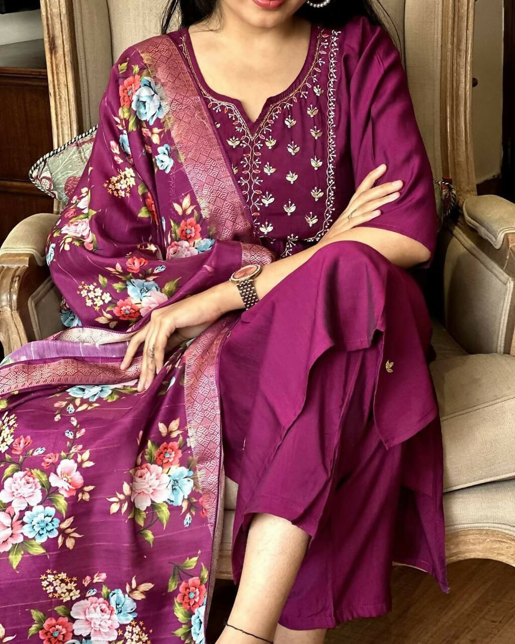 The52 Wine Women's Gorgeous Embroidered Rayon Fabric Straight Kurta Pant with Dupatta Set - Swadesiicart