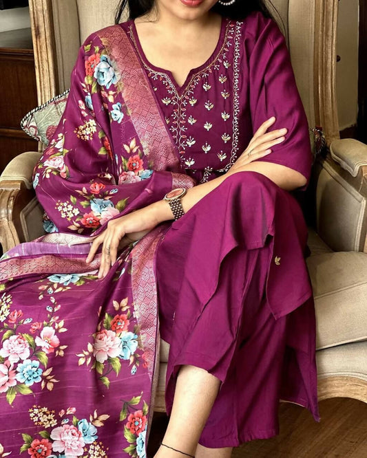 The52 Wine Women's Gorgeous Embroidered Rayon Fabric Straight Kurta Pant with Dupatta Set - Swadesiicart