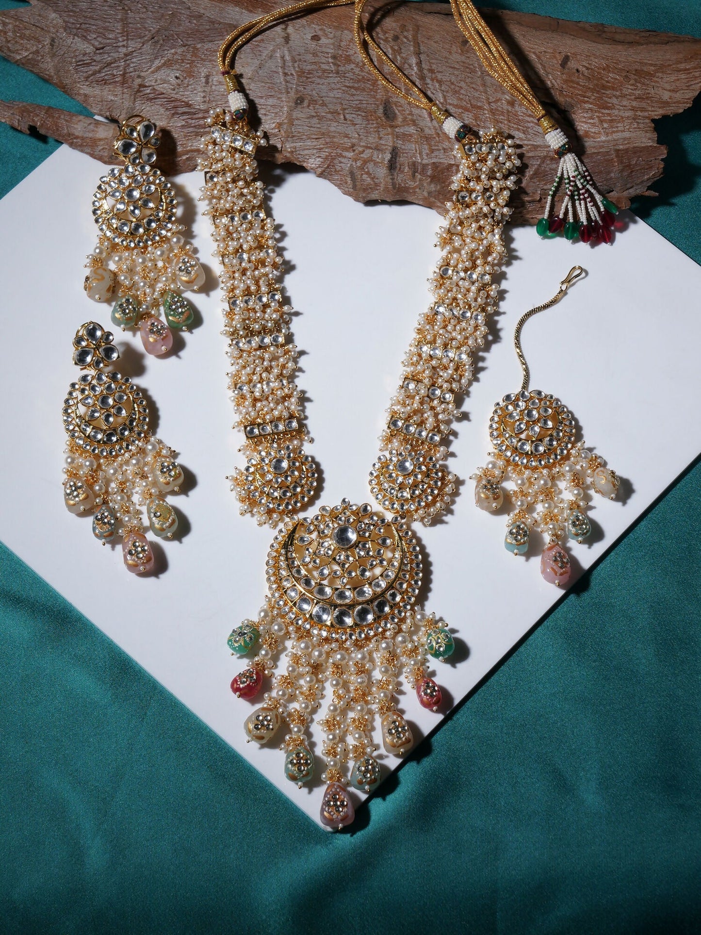 Long Kundan Neckpiece with Earrings & Maang Tikka with Multi Stones Jewellery Set (Gold) - Ruby Raang - Swadesiicart
