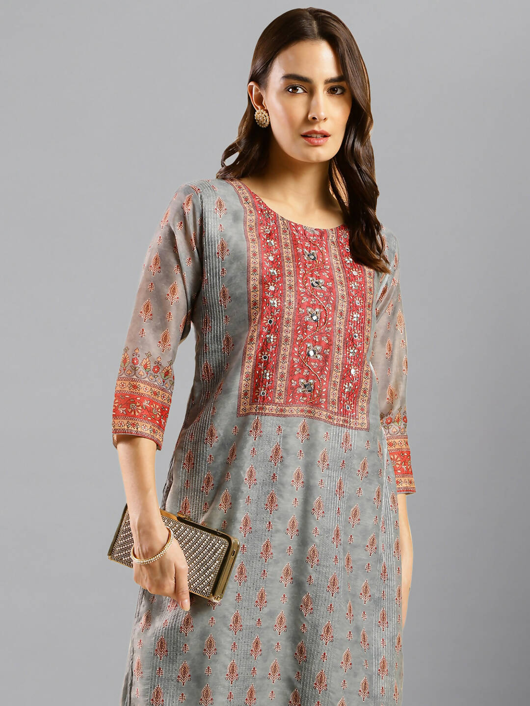 Grey Chinon Digital Printed With Hand Work Kurta - Himanshi - Swadesiicart