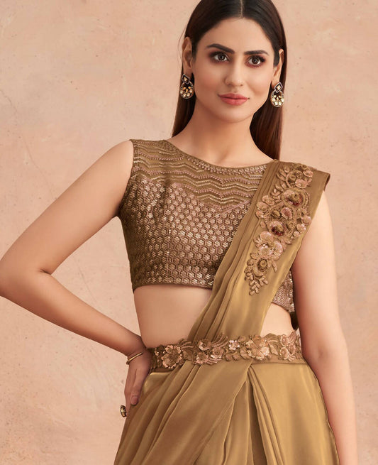 Beige Satin Embroidered Ready To Wear Saree With Unstitched Blouse Piece - Nandika | Swadesiicart