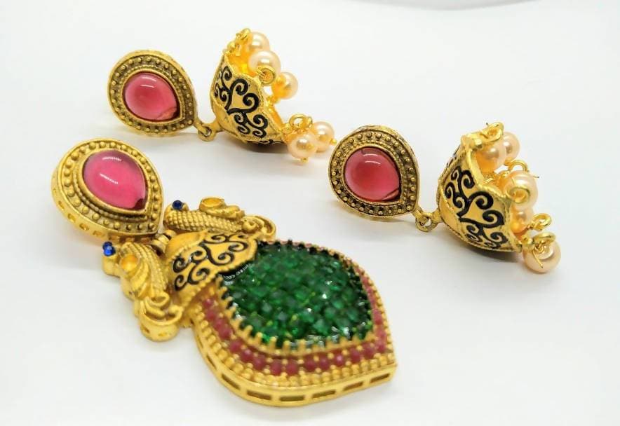 Multicolor Matt Finish Peacock Pendant Set | Swadesiicart