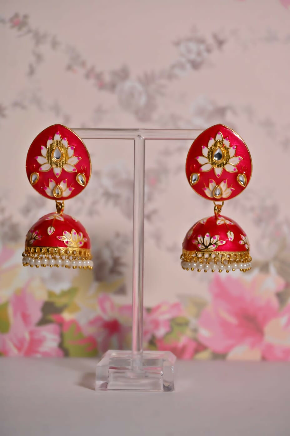 Red Meenakari Jhumki Earrings For Party By House of Ree | Swadesiicart