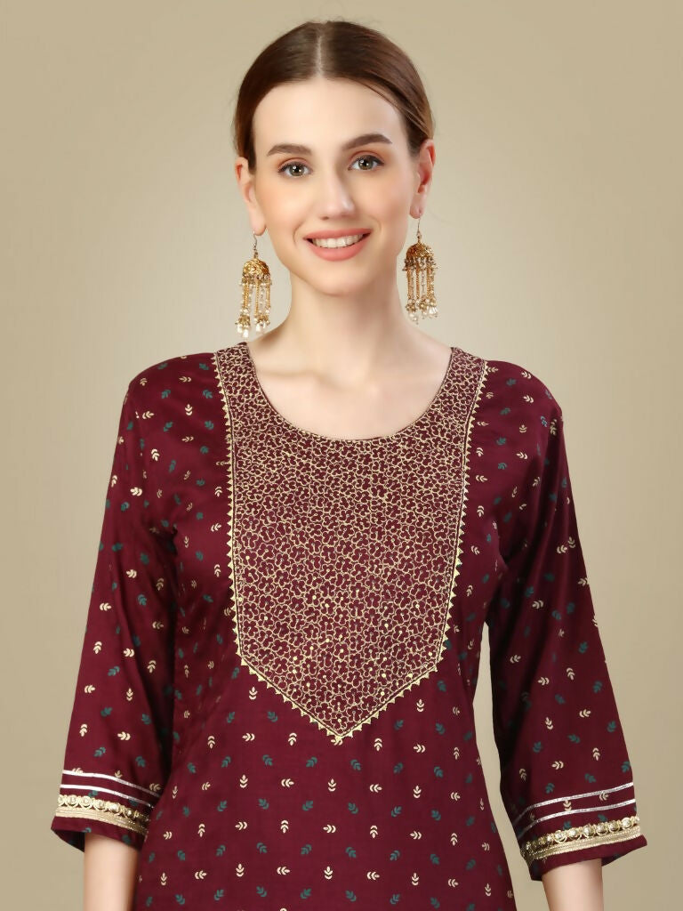 Jyoti Fashion Women's Maroon Silk Blend Embroidery & Sequence work Kurta with Trouser & Dupatta | Swadesiicart