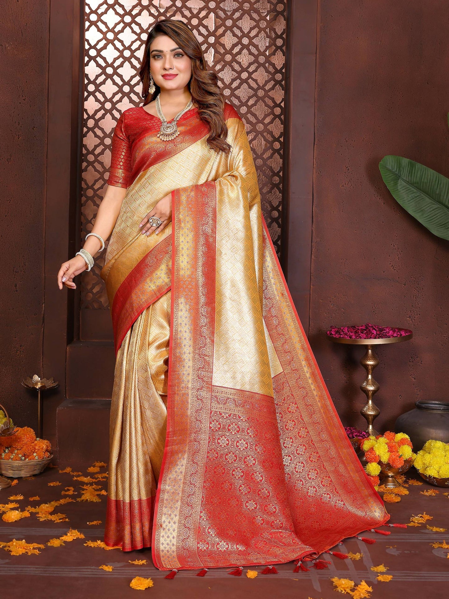 Aastha Fashion Cream Tissue Silk Woven Saree