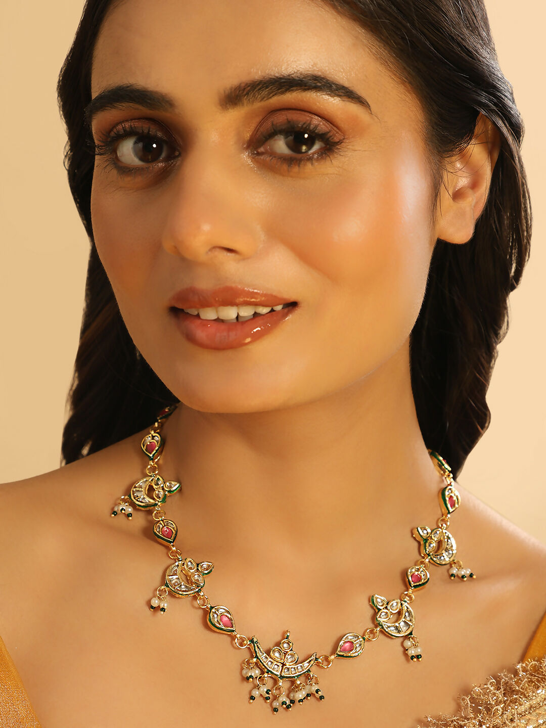 Nuyug 22K Gold Plated Regal Enamel Bloom Pearl Drop Necklace | Swadesiicart