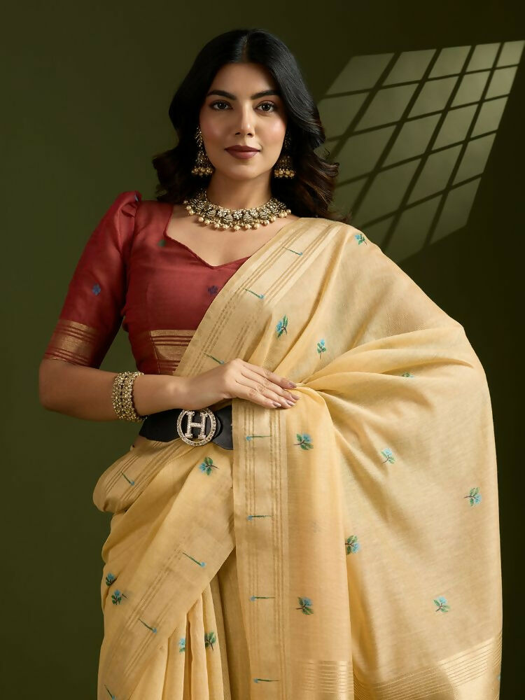 Vishnu Weaves Women's Yellow Muga Cotton Thread Woven Butti with Blouse - Swadesiicart