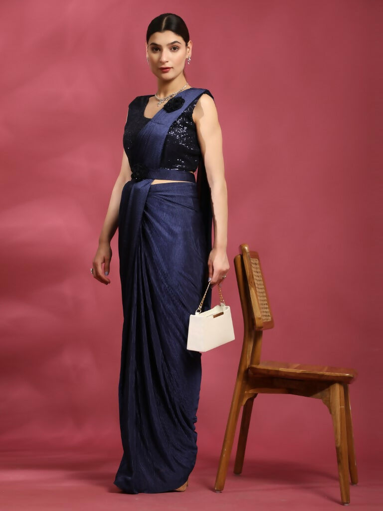 Blue Imported Crush Lycra Texture Pattern Ready to Wear Saree with stitched Blouse - Nirvana | Swadesiicart
