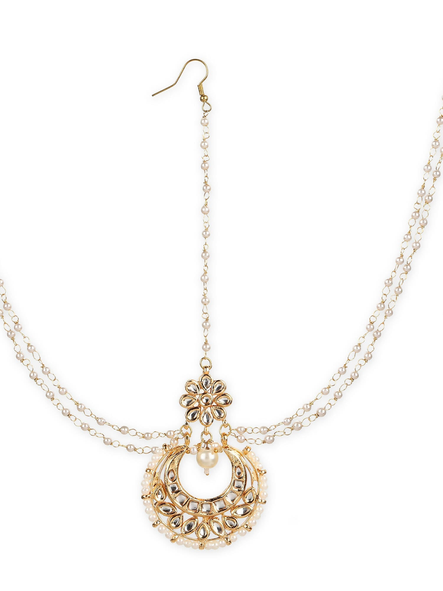 Gold-Polished White Kundan-Studded Faux Pearl Beaded Maathapatti - Ruby Raang | Swadesiicart