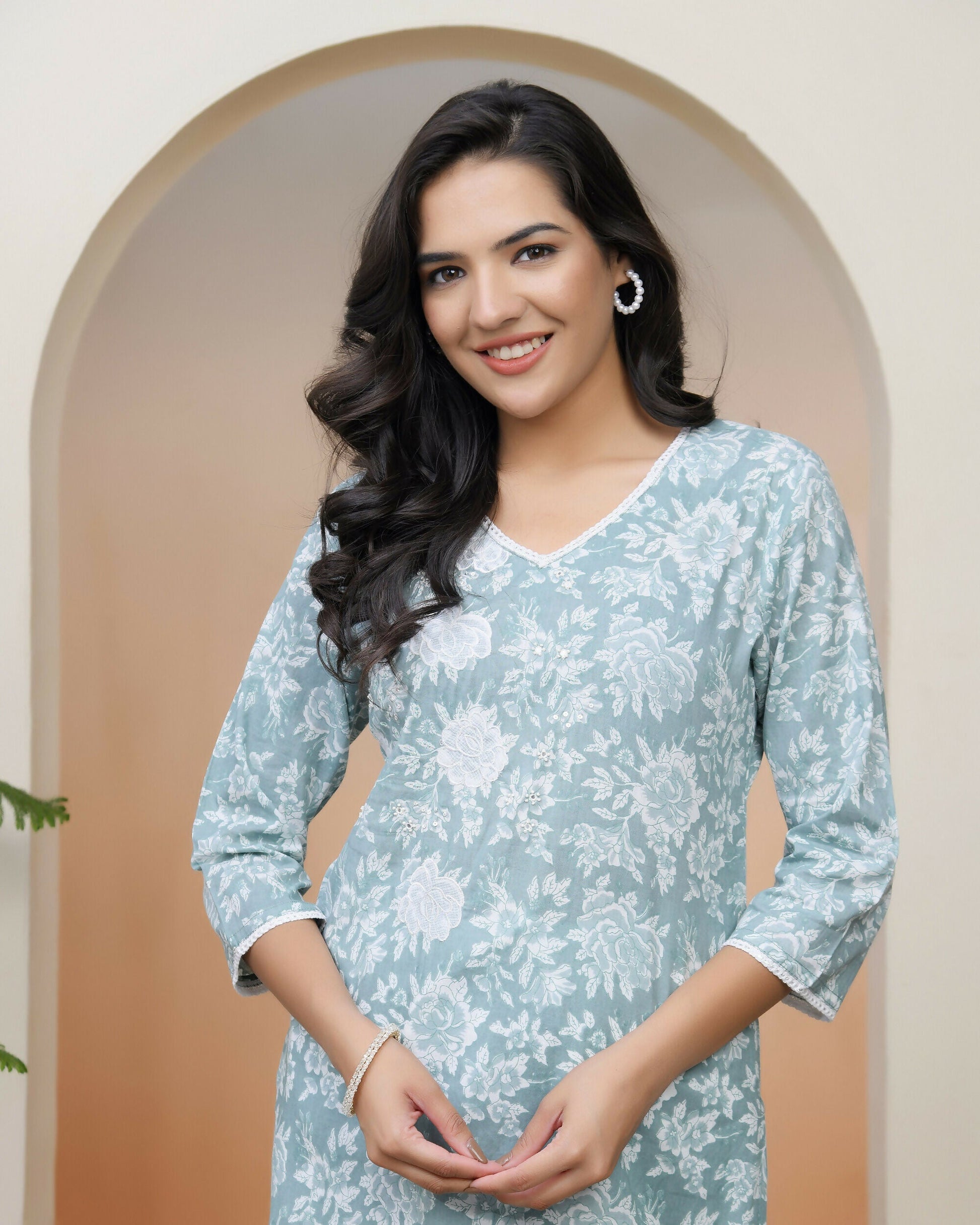 Vaasva Women Mint Cotton Printed Straight Kurti With Pant | Swadesiicart
