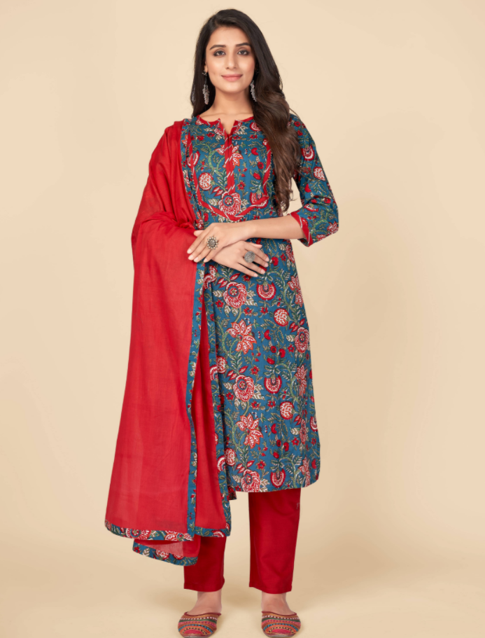 NOZ2TOZ Women's Printed & Gota Patti Work Straight Cotton Blue Kurta Pant With Dupatta (3Pcs Set) - Swadesiicart