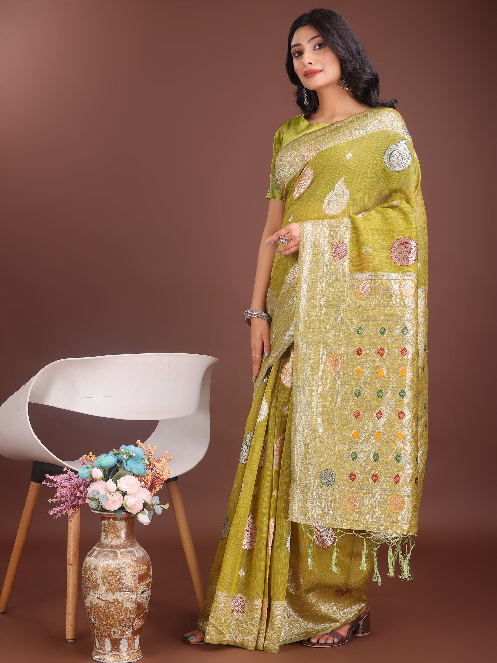 Anaita Mustard Linen Cotton With Jacquard Work And Zari Weaving Saree With Blouse