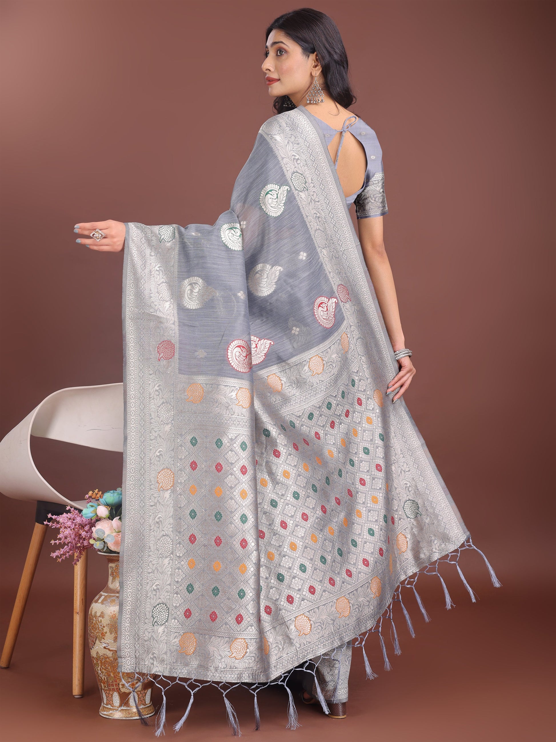 Anaita Grey Linen Cotton With Jacquard Work And Zari Weaving Saree With Blouse