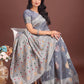 Anaita Grey Linen Cotton With Jacquard Work And Zari Weaving Saree With Blouse