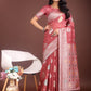 Anaita Pink Linen Cotton With Jacquard Work And Zari Weaving Saree With Blouse