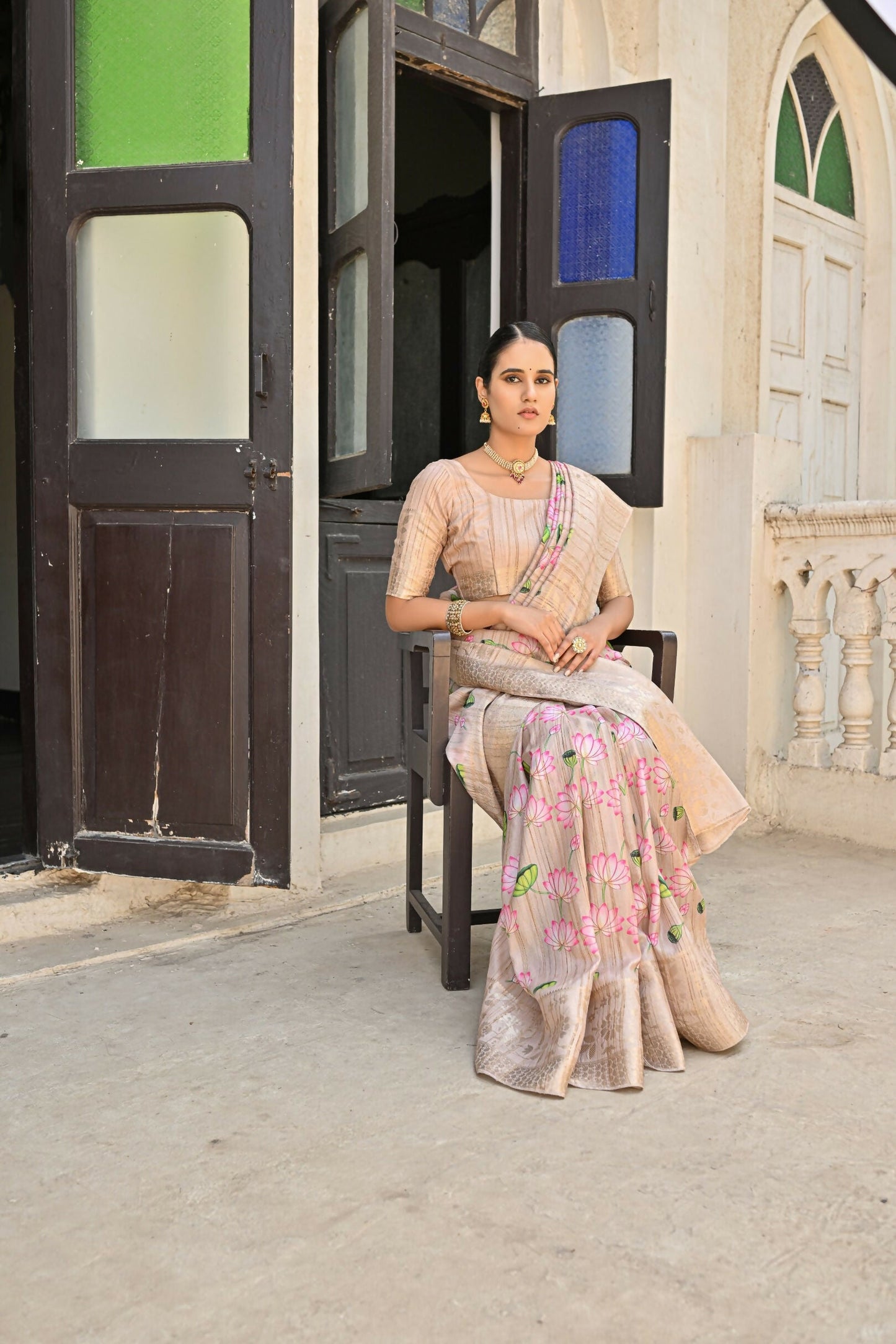 Vishnu Weaves Women's Chiku Banarasi Silk Saree with Blouse - Swadesiicart