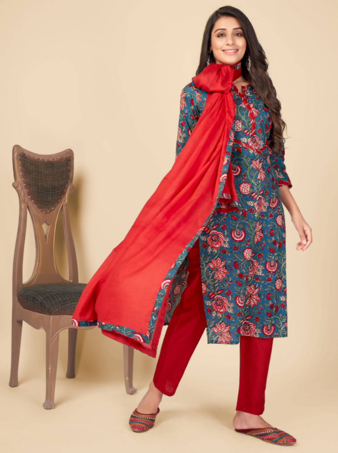 NOZ2TOZ Women's Printed & Gota Patti Work Straight Cotton Blue Kurta Pant With Dupatta (3Pcs Set) - Swadesiicart