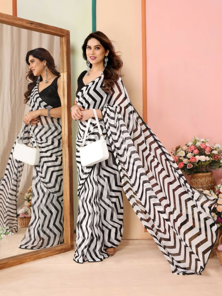 Partywear Designer Black & White Georgette Fancy Saree - Satrangi | Swadesiicart