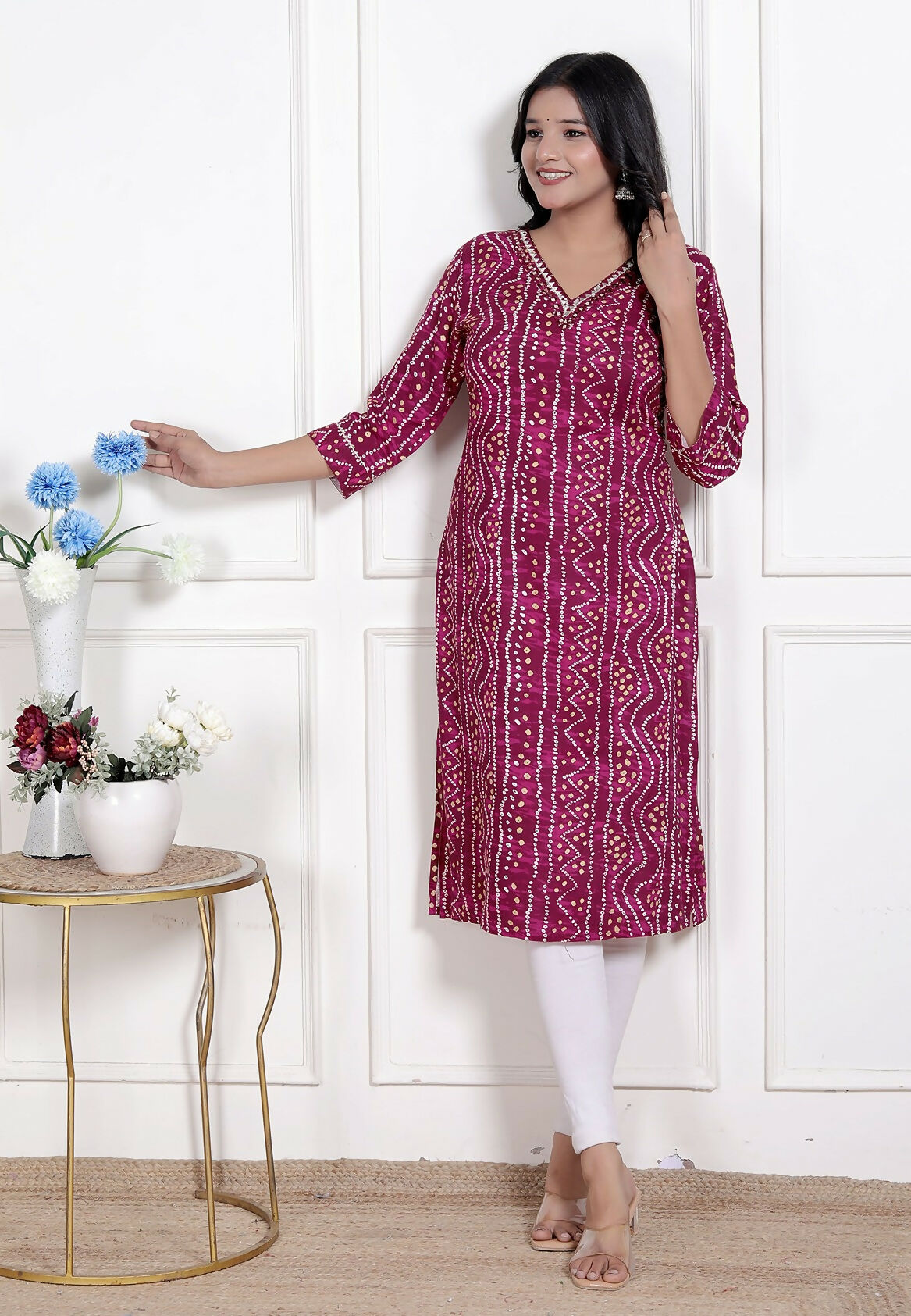 Miravan Womens Magenta Bandhej Printed Rayon Kurti - Swadesiicart