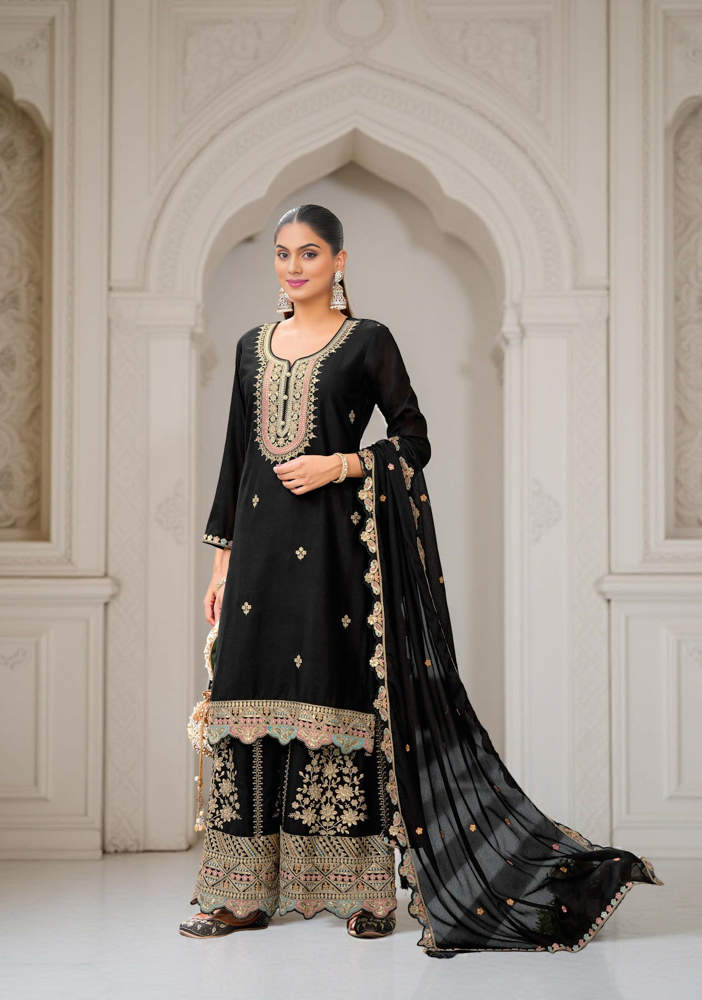 Ethnic Festive Wear Black Primium Chinon Fabric Stitched Suit With Dupatta - Zeeya | Swadesiicart