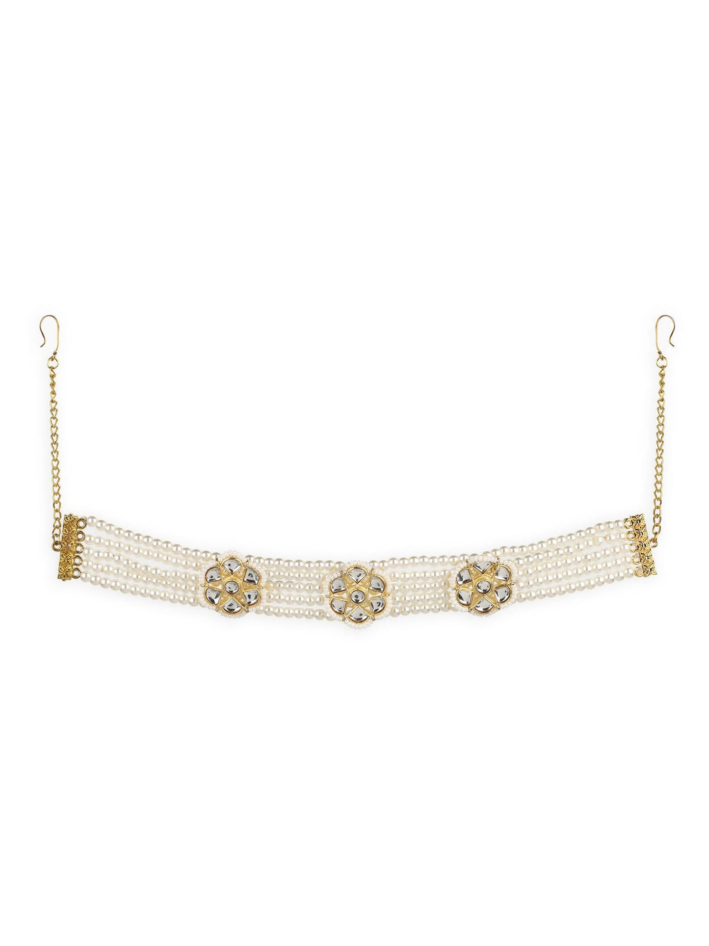 Gold-Polished White Kundan Studded Headband - Ruby Raang | Swadesiicart