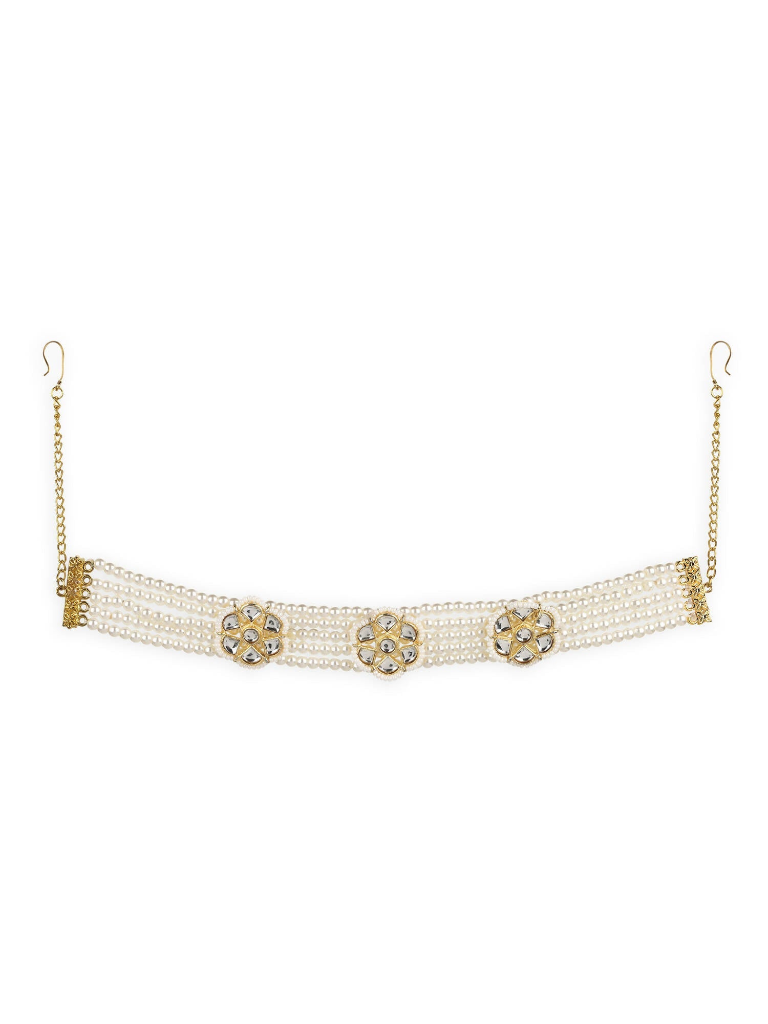 Gold-Polished White Kundan Studded Headband - Ruby Raang | Swadesiicart