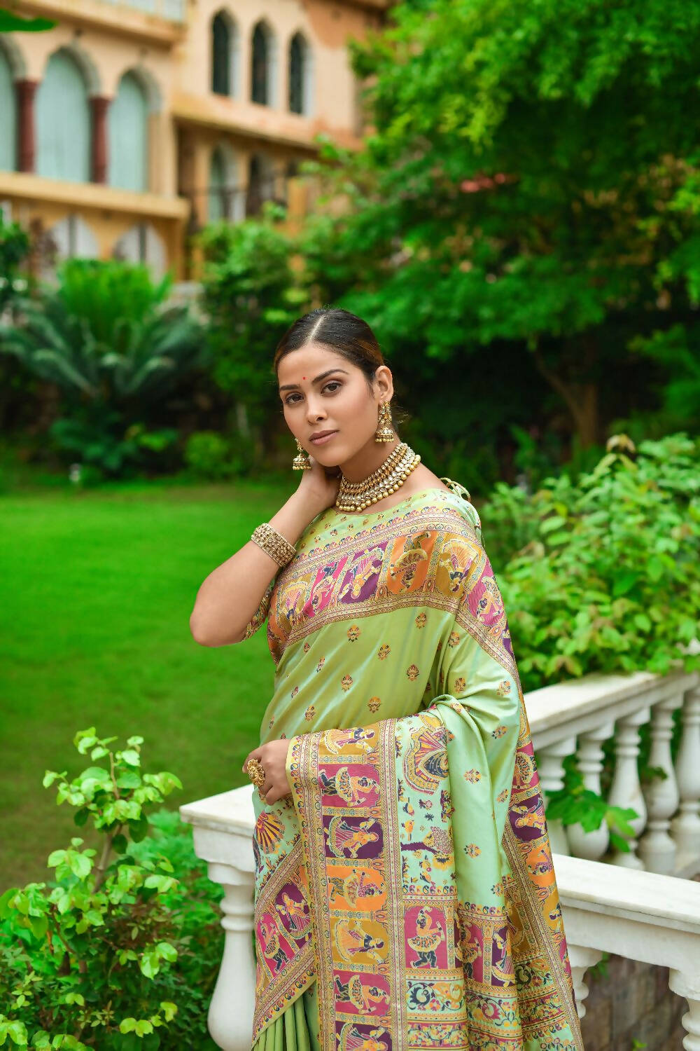 Vishnu Weaves Women's Pista Banarasi Silk Kashmiri Woven Saree with Blouse - Swadesiicart