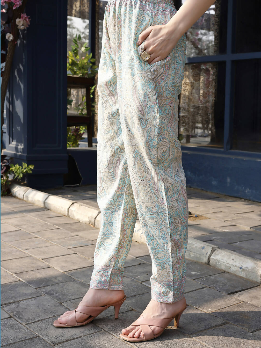 Sky Blue Rayon Paisley & Floral Printed Top with Matching Bottom - Eesha - Swadesiicart