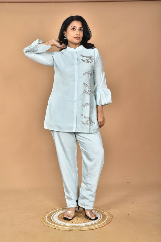 Morchari Women Hand Embroidery Co-Ords-Light Blue - Swadesiicart