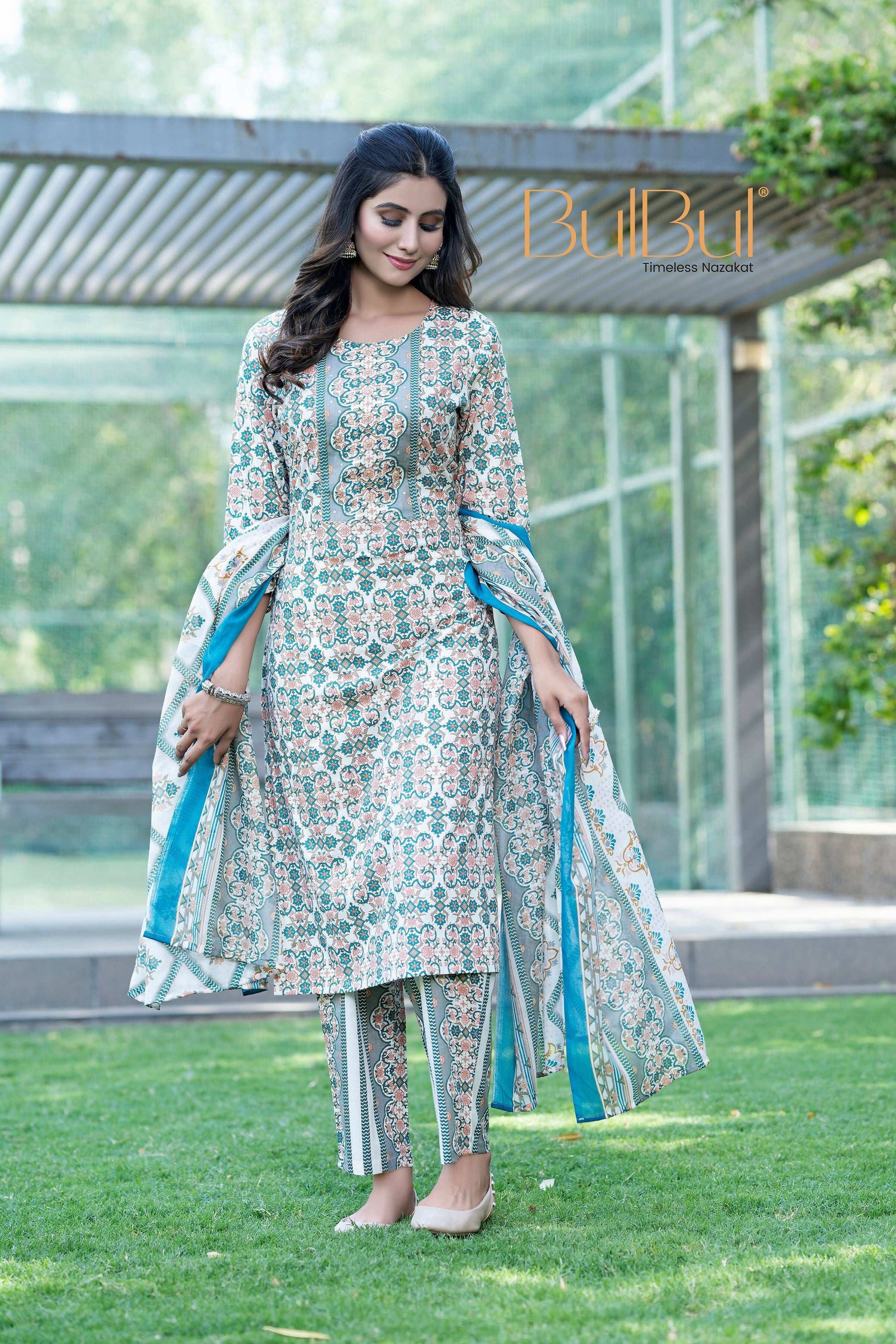 BulBul Fashionista Green-Blue Cotton Kurta Set with Dupatta - Swadesiicart