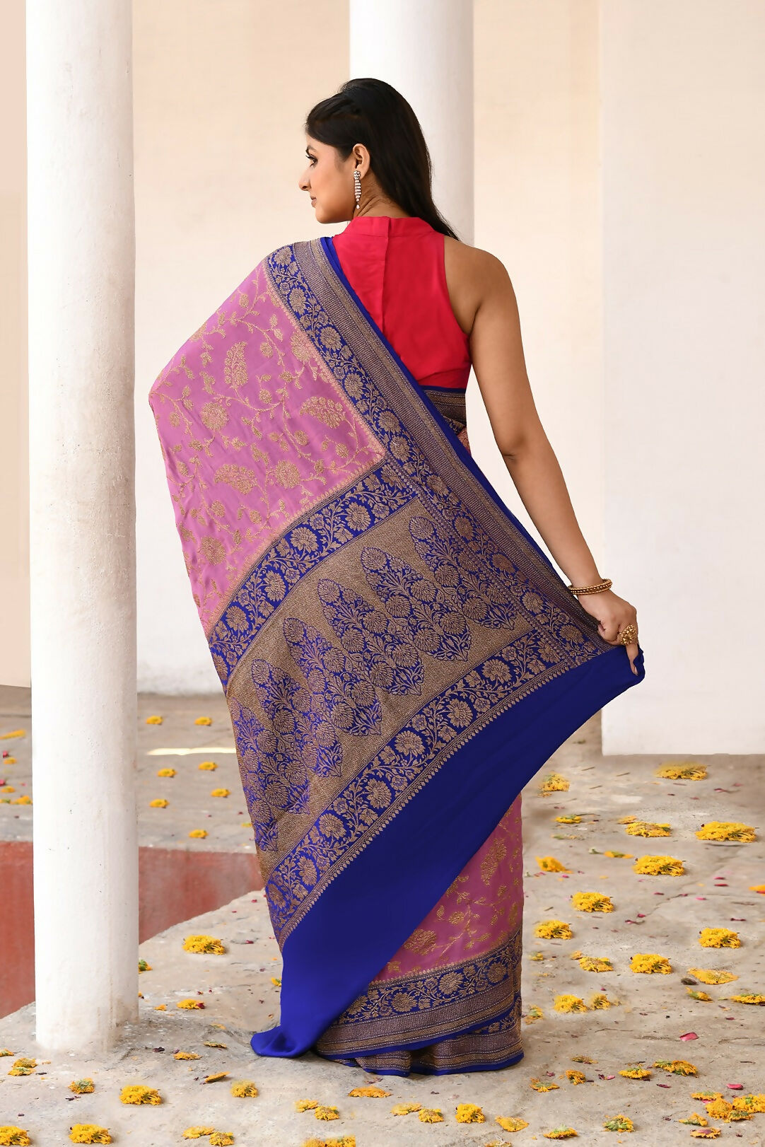Joban Fashion Nude Pink Crepe Chiffon Pure Handloom Banarasi Silk Saree | Swadesiicart
