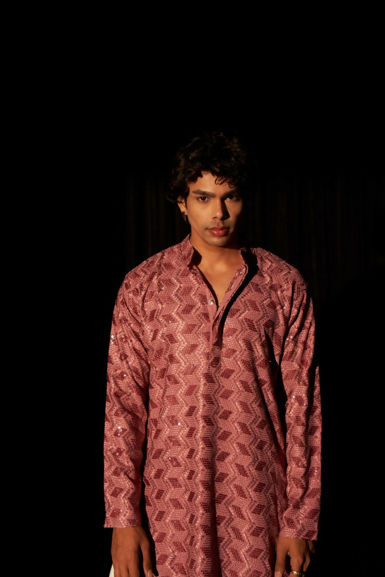 Pink viscose Chikankari Embroidery Work Men's Traditional Kurta Set - Mahotsav | Swadesiicart