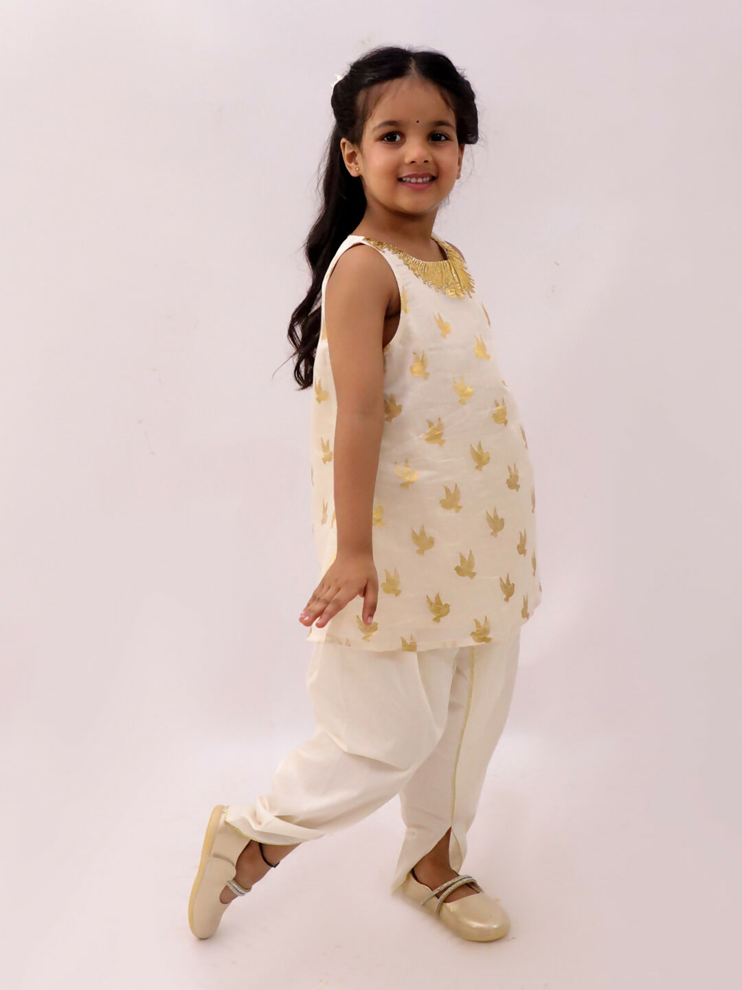 Lil Drama Mishti Off White Kurta and Dhoti Set For Girls | Swadesiicart