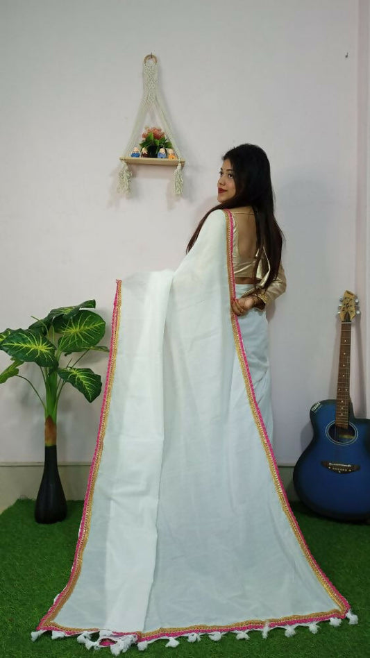Exclusive Collection Beautiful Khadi Cotton Handloom Saree With Beautiful Zari Border - White - Swadesiicart
