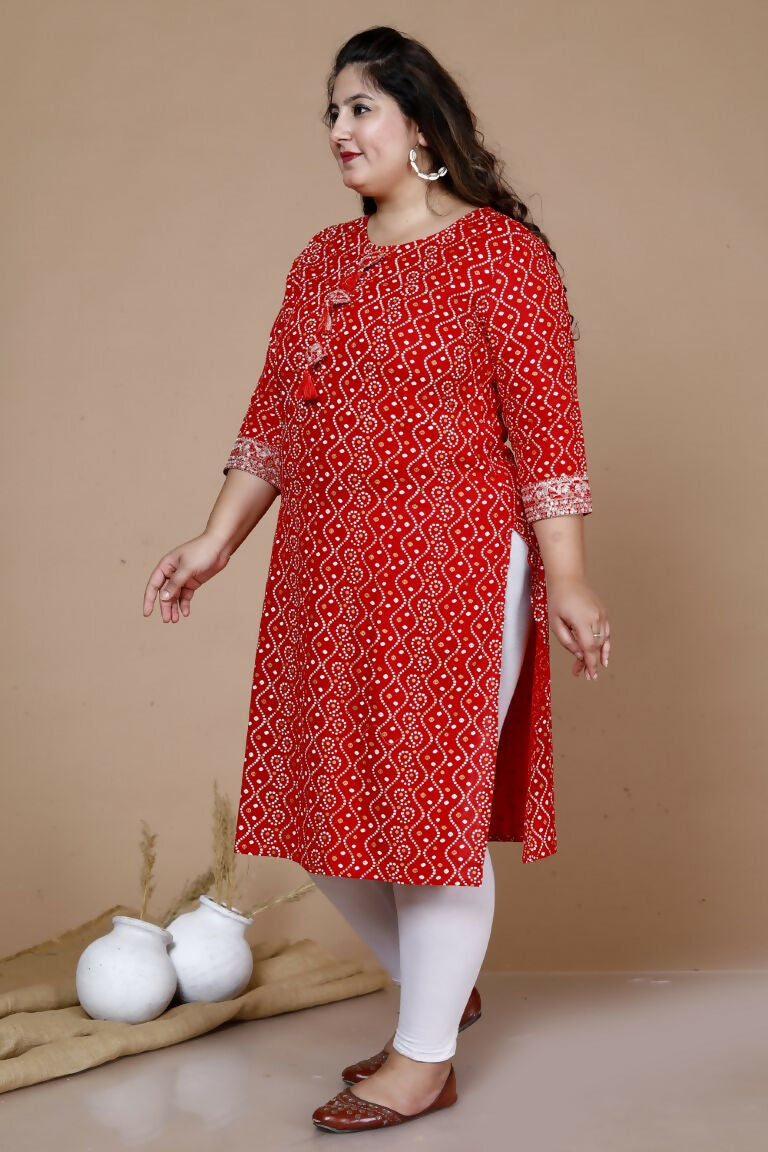 Miravan Women's Plus Size Festive Wear Red Bandhani Printed Straight Kurta - Swadesiicart