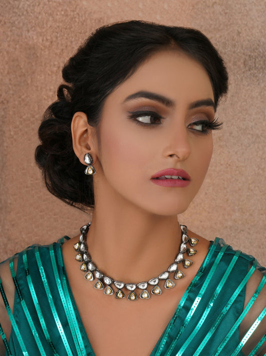 Dual Tone Kundan Neckpiece with Earrings Jewellery Set (silver) - Ruby Raang - Ruby Raang Studio