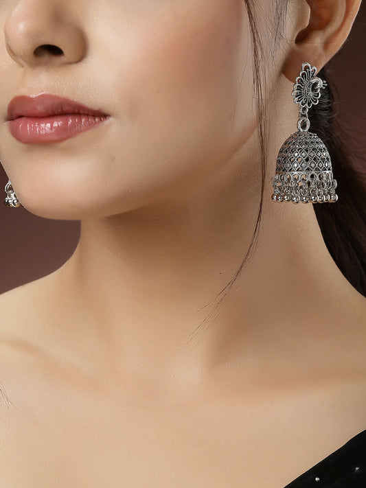 NVR Women's Silver-Toned Peacock Design German Silver Oxidised Dome Shaped Jhumka Earrings | Swadesiicart