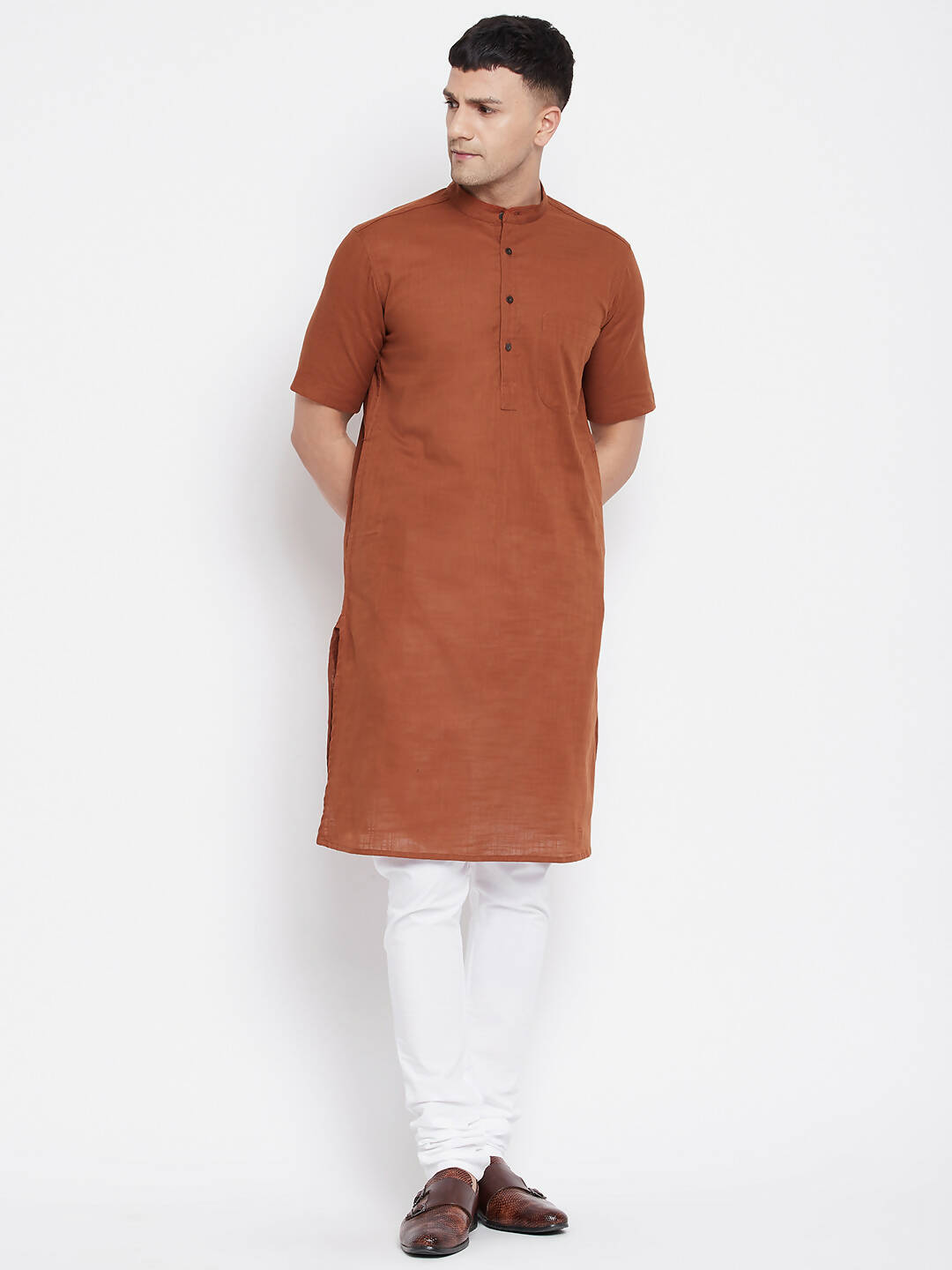 Even Apparels Brown Pure Cotton Men's H/S Kurta With Band Collar | Swadesiicart