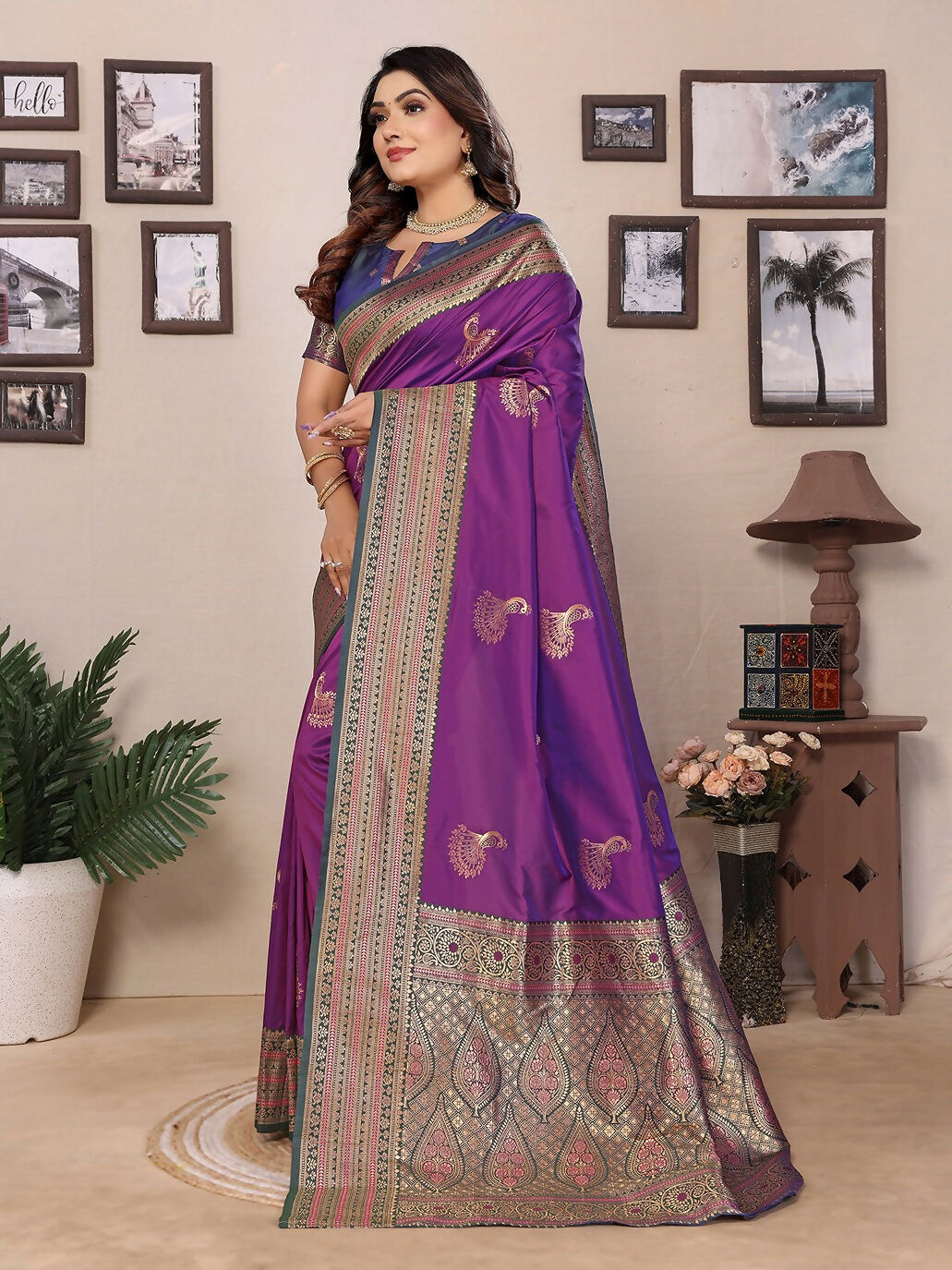 Joban Fashion Banarasi Magenta Small Butti Soft Silk Saree | Swadesiicart