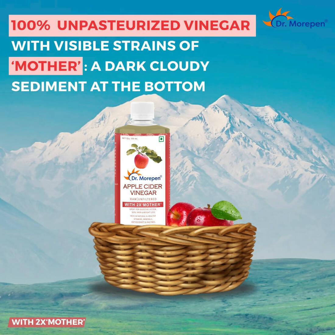 Dr. Morepen Apple Cider Vinegar With 2x Mother for Weight Management, Immunity, Skin & Hair - Swadesiicart