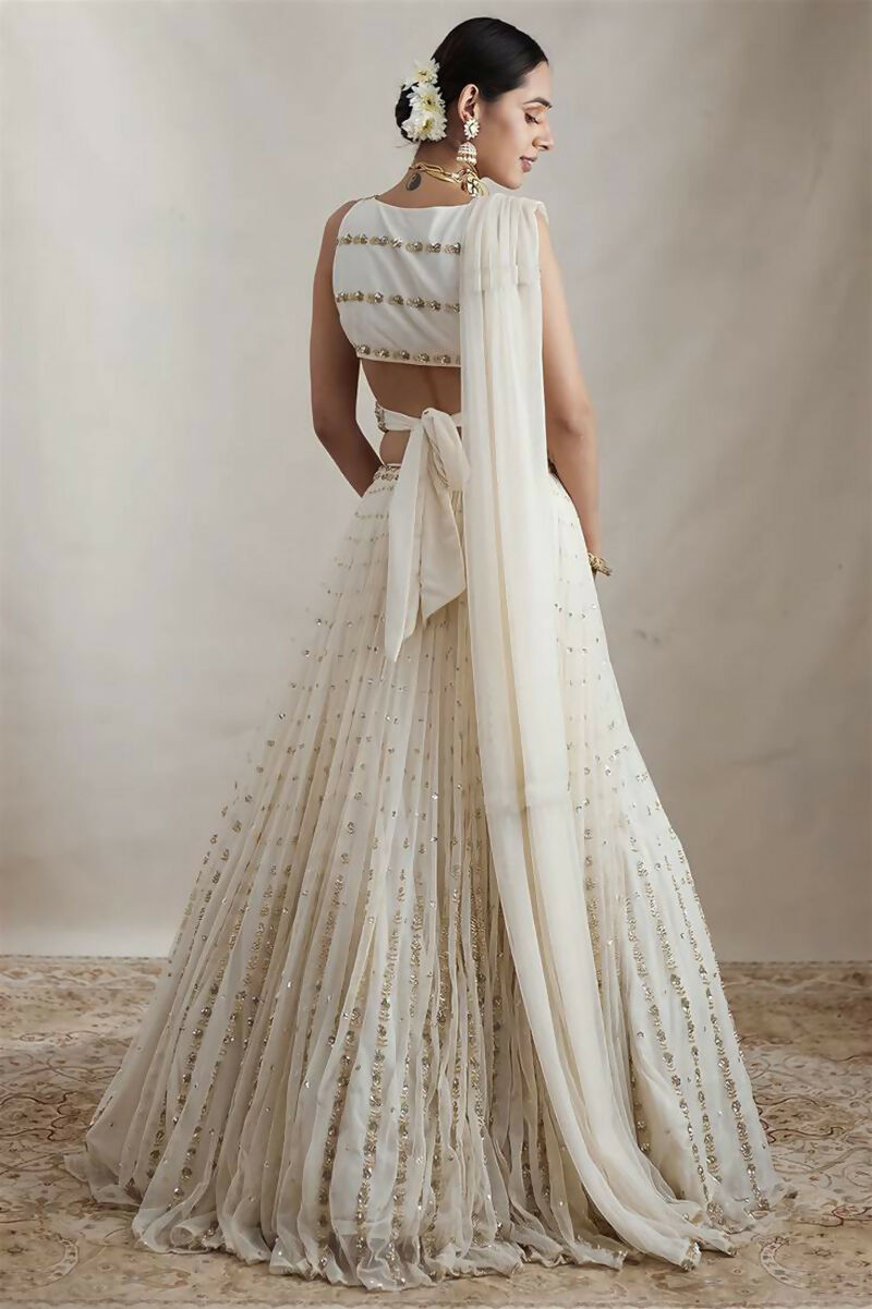 Jyoti Fashion Graceful Off White Sequence With Zari Embroidered Georgette Lehenga Choli with Dupatta | Swadesiicart