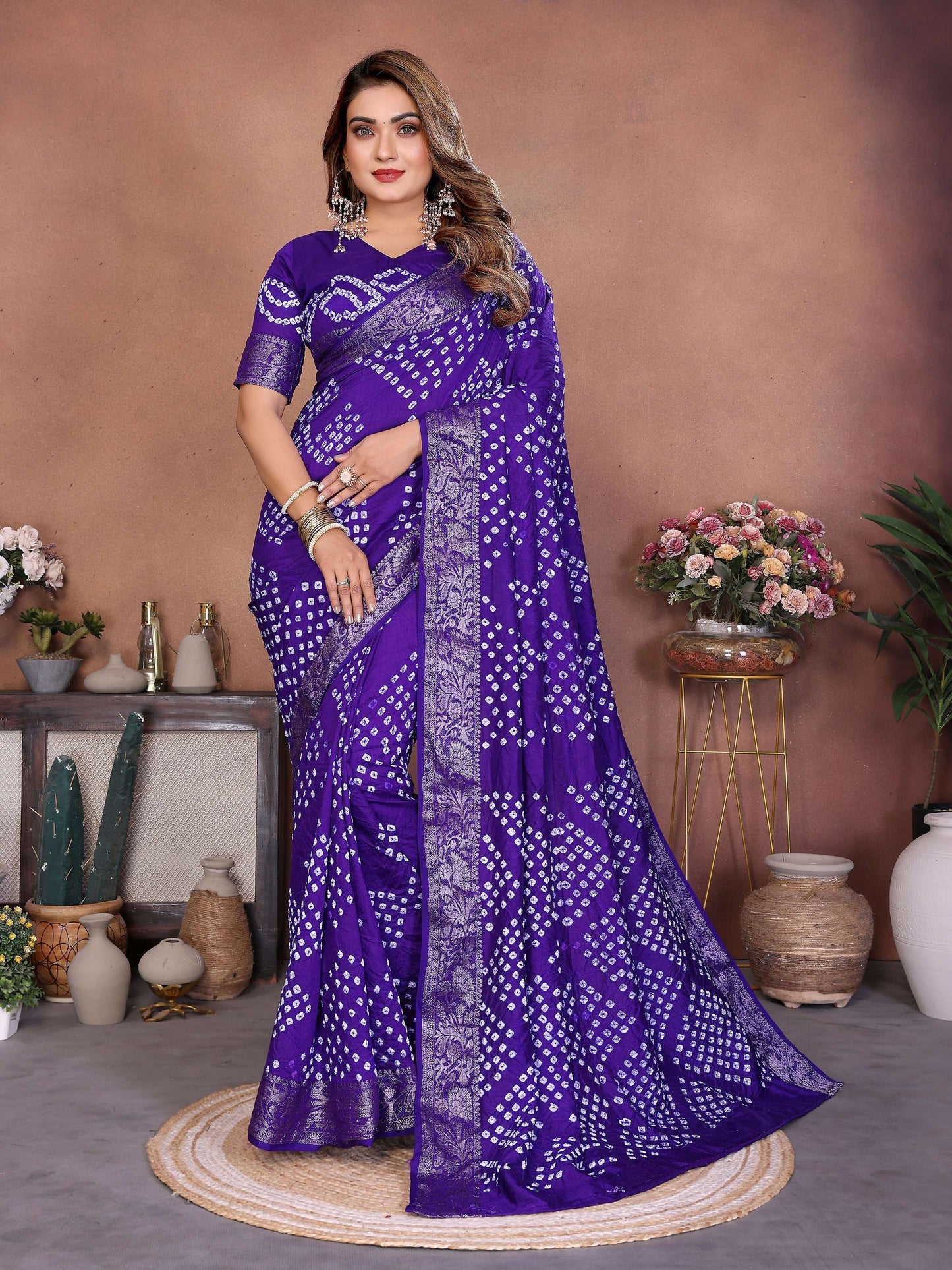 Aastha Fashion Purple Pure Dola Silk Handmade Original Bandhej Saree