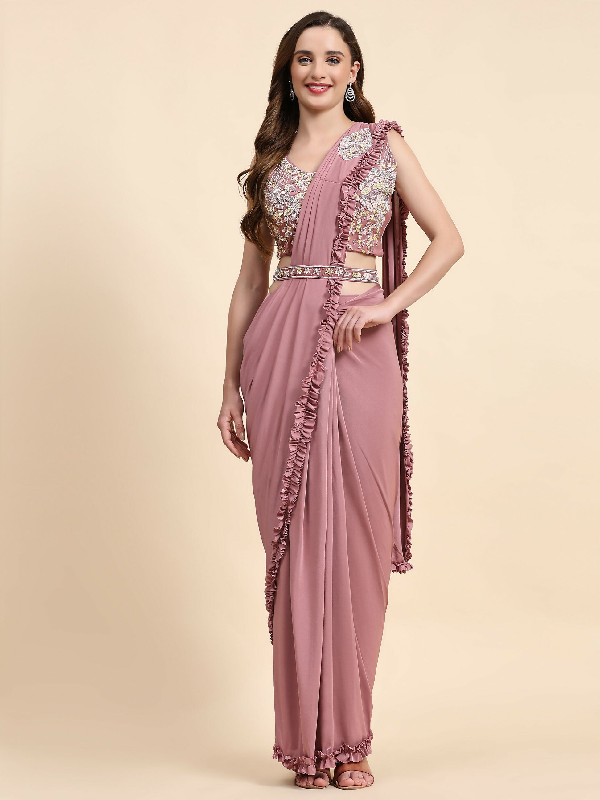 Pink Lycra Solid Ready to wear Saree with stitched Blouse - Vanita | Swadesiicart
