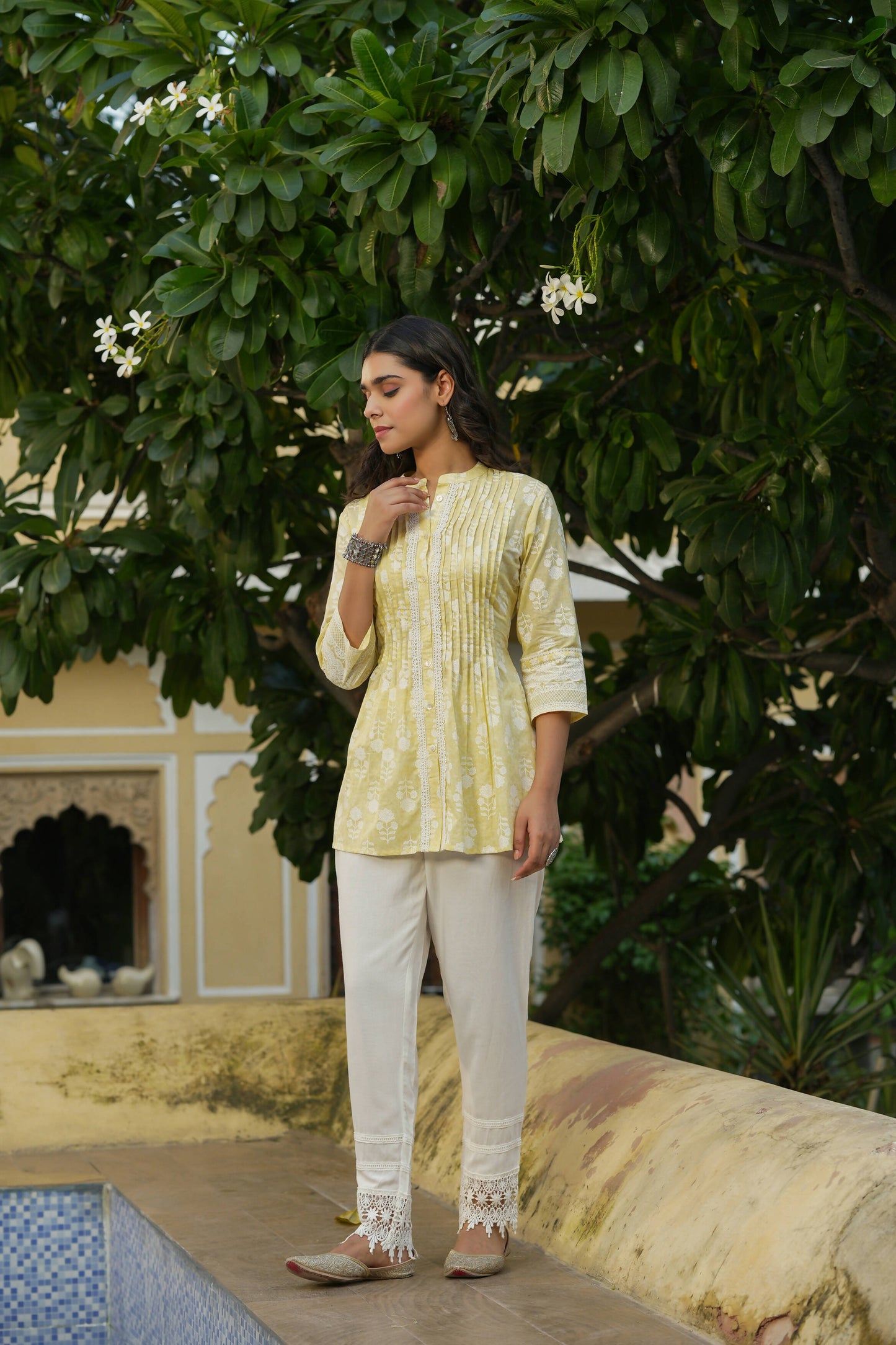 Juniper Women's Yellow Cambric Placement Floral Printed Tunic | Swadesiicart